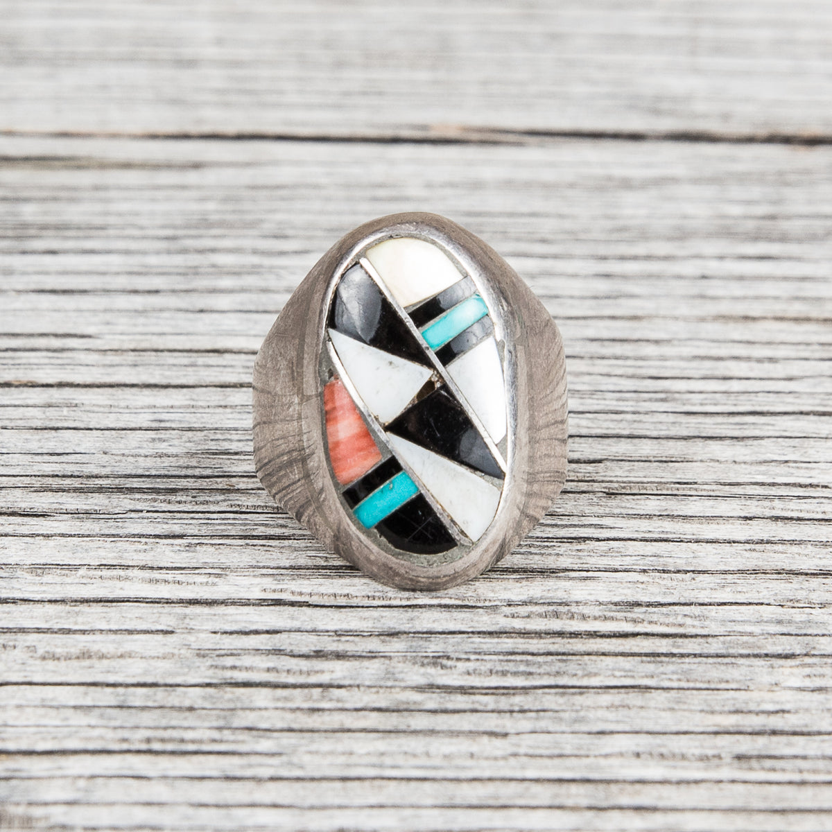Vintage Zuni Inlaid Turquoise Oval Silver Ring No. 2