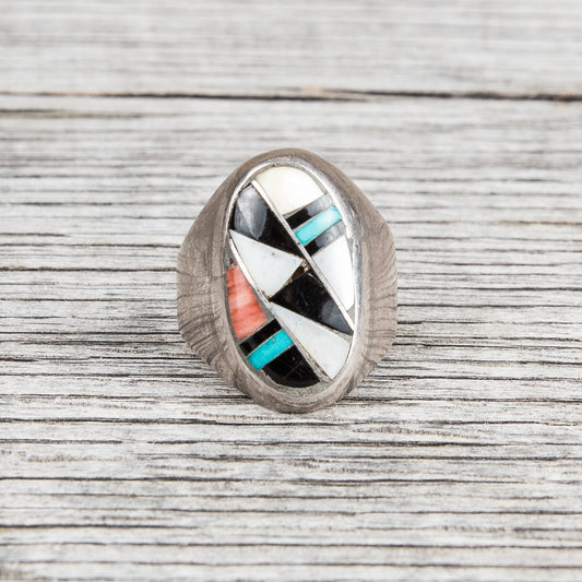 Vintage Zuni Inlaid Turquoise Oval Silver Ring No. 2