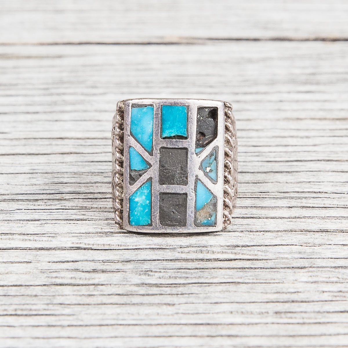 Vintage Navajo Turquoise Inlay Pattern Ring
