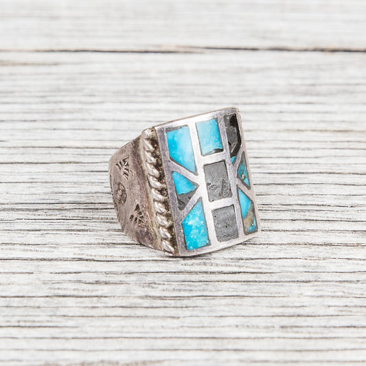 Vintage Navajo Turquoise Inlay Pattern Ring