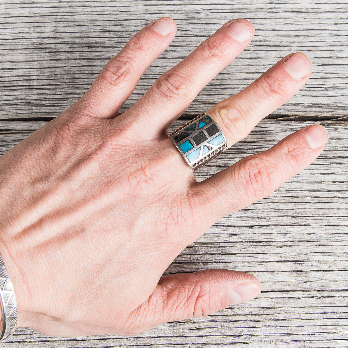 Vintage Navajo Turquoise Inlay Pattern Ring