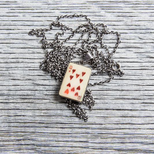 Vintage Hearts of Ten Playing Card Silver Necklace