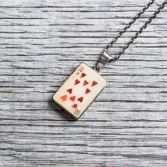 Vintage Hearts of Ten Playing Card Silver Necklace