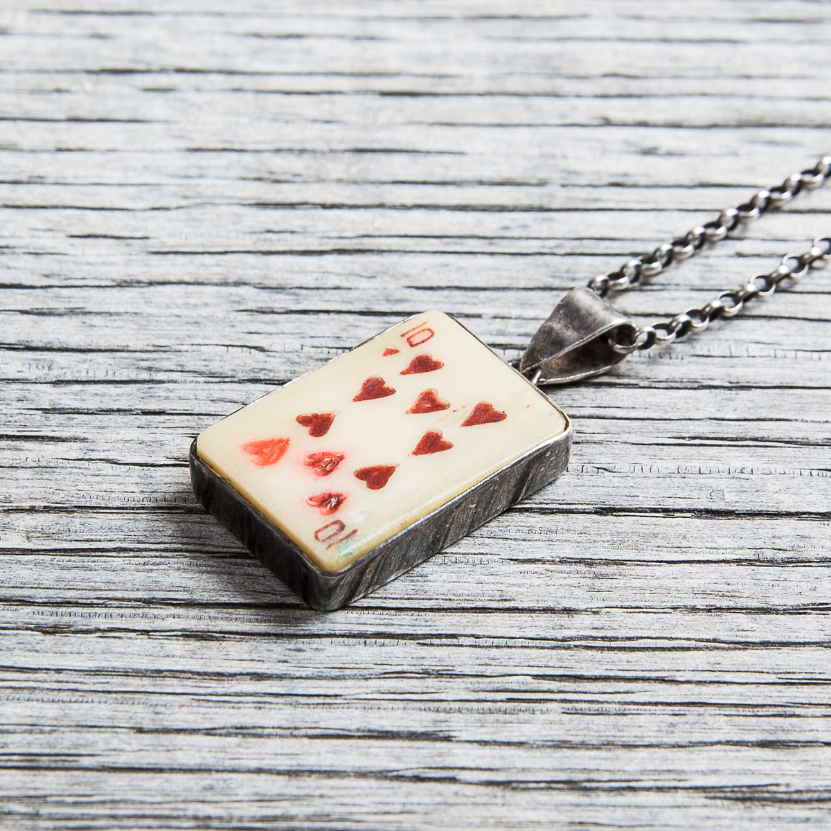 Vintage Hearts of Ten Playing Card Silver Necklace