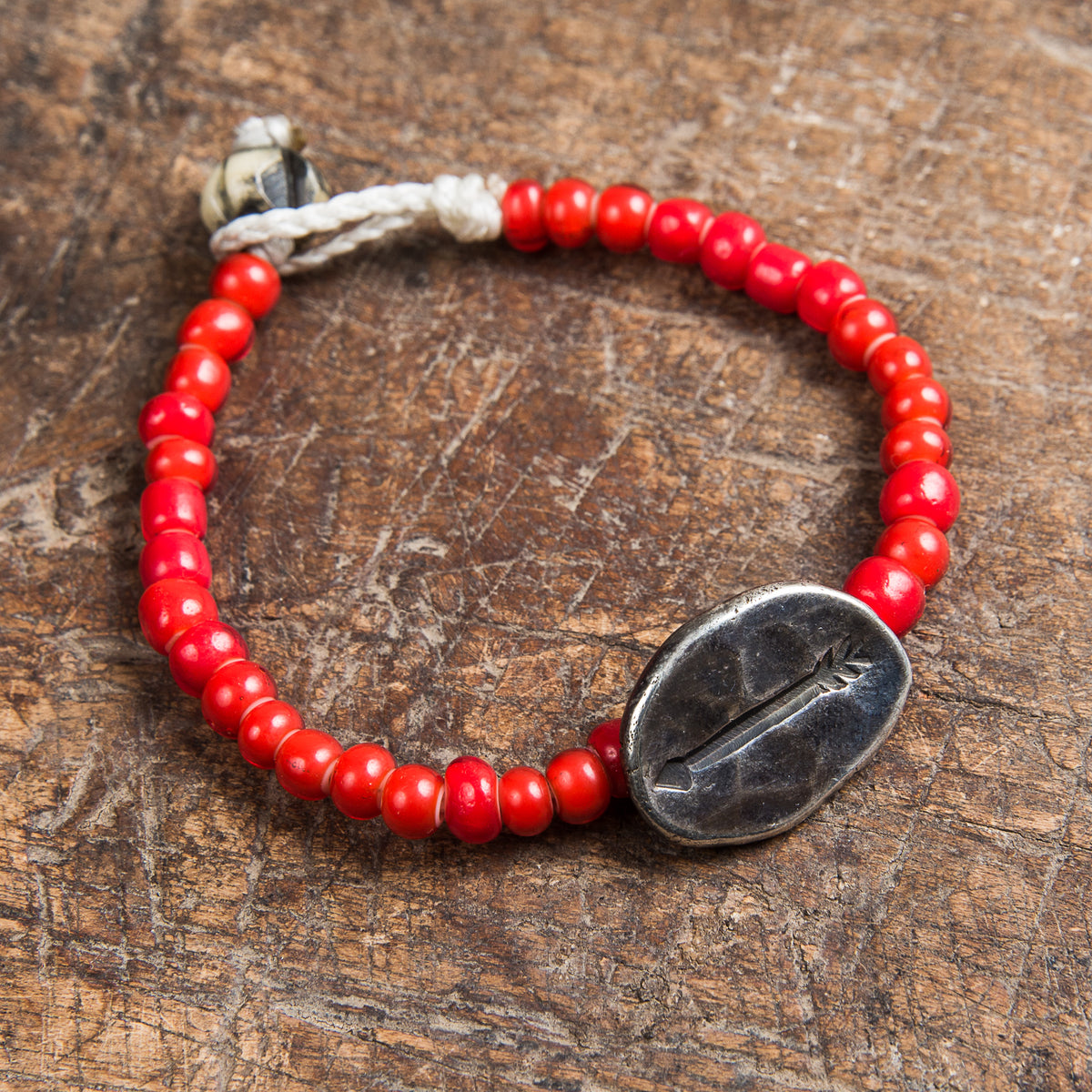 Tenable Crafts Red White Heart Trade Bead + Sterling Silver Arrow Bracelet #162