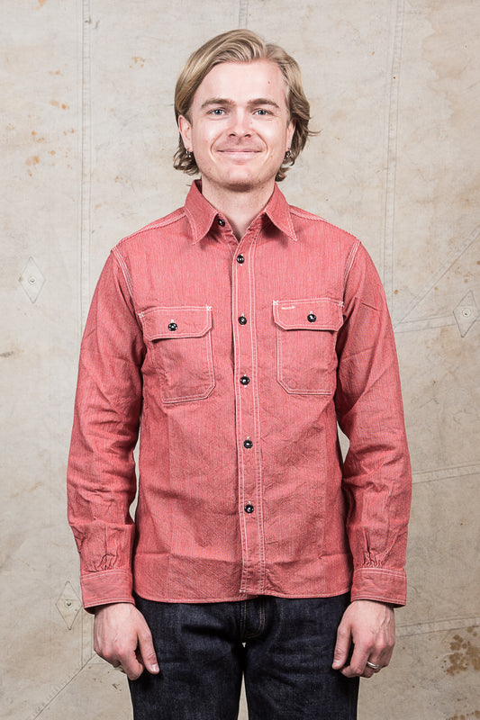 Sugar Cane & Co Long Sleeved Hickory Stripe Work Shirt Red