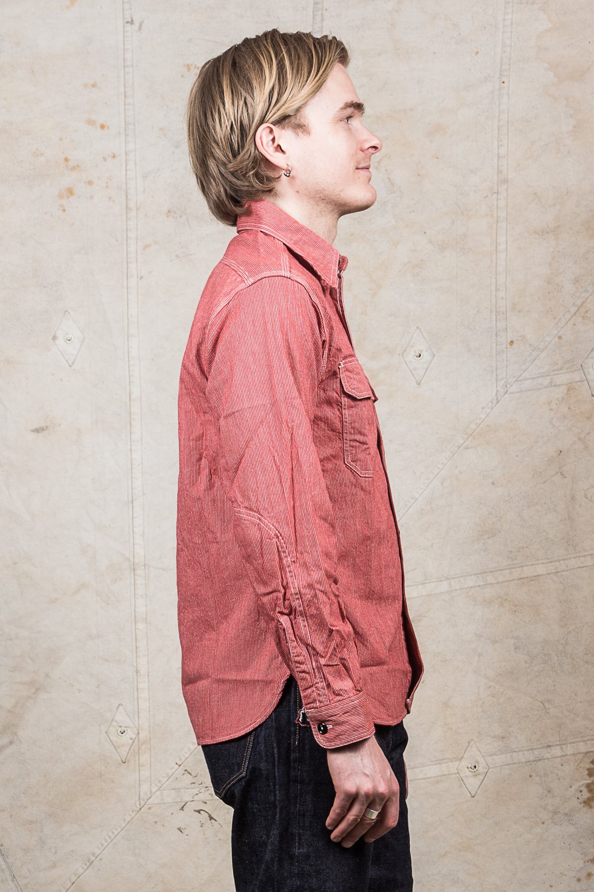 Sugar Cane & Co Long Sleeved Hickory Stripe Work Shirt Red