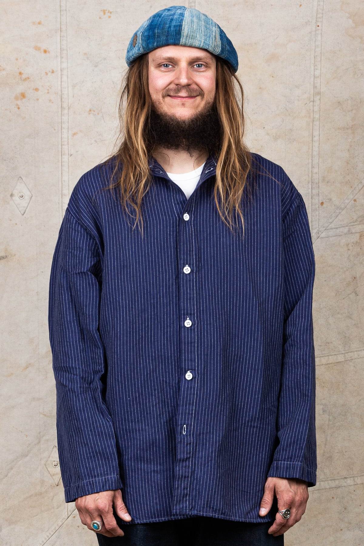 Tender Weaver's Stock Long Sleeved Tail Shirt Navy Pin Stripe