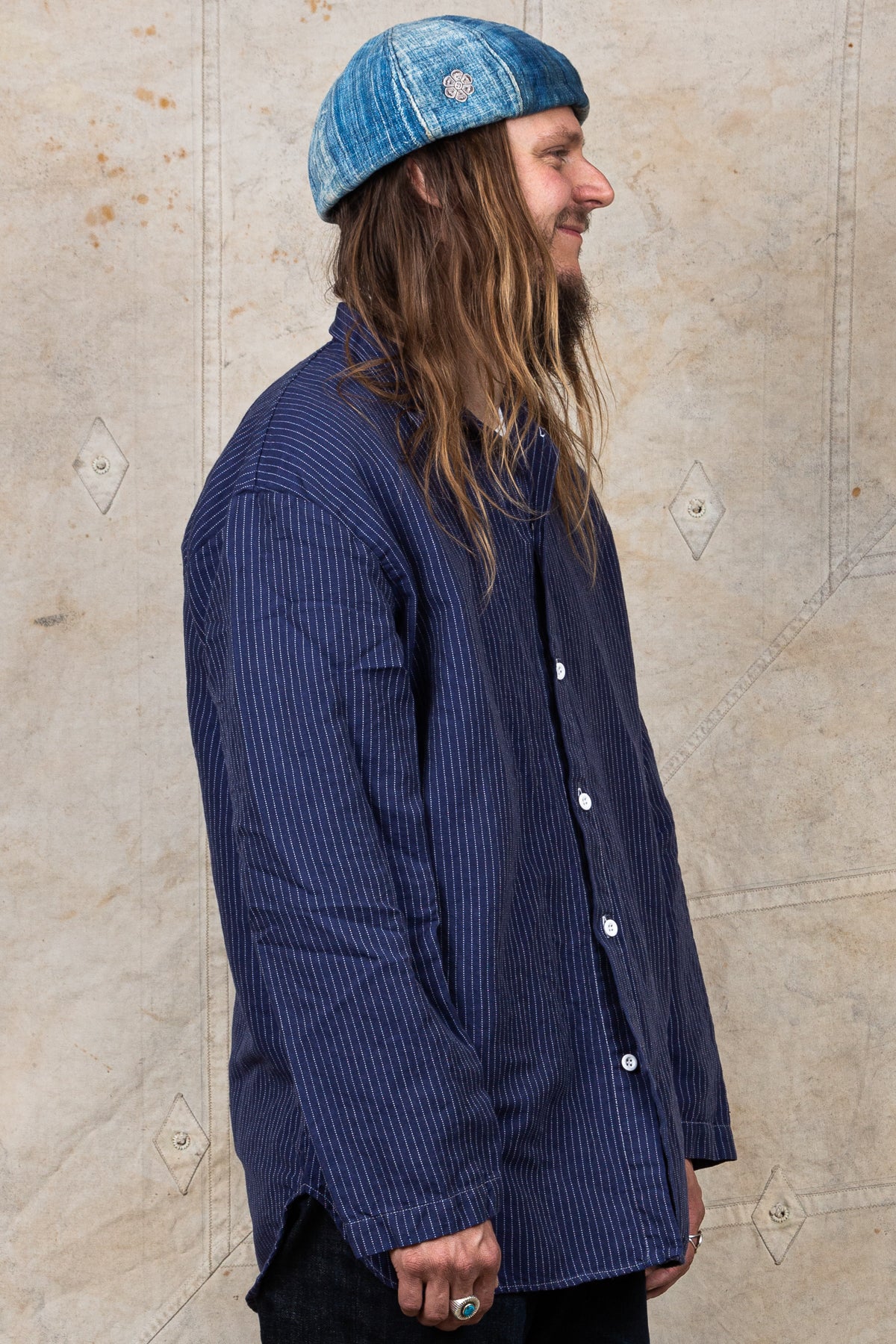Tender Weaver's Stock Long Sleeved Tail Shirt Navy Pin Stripe