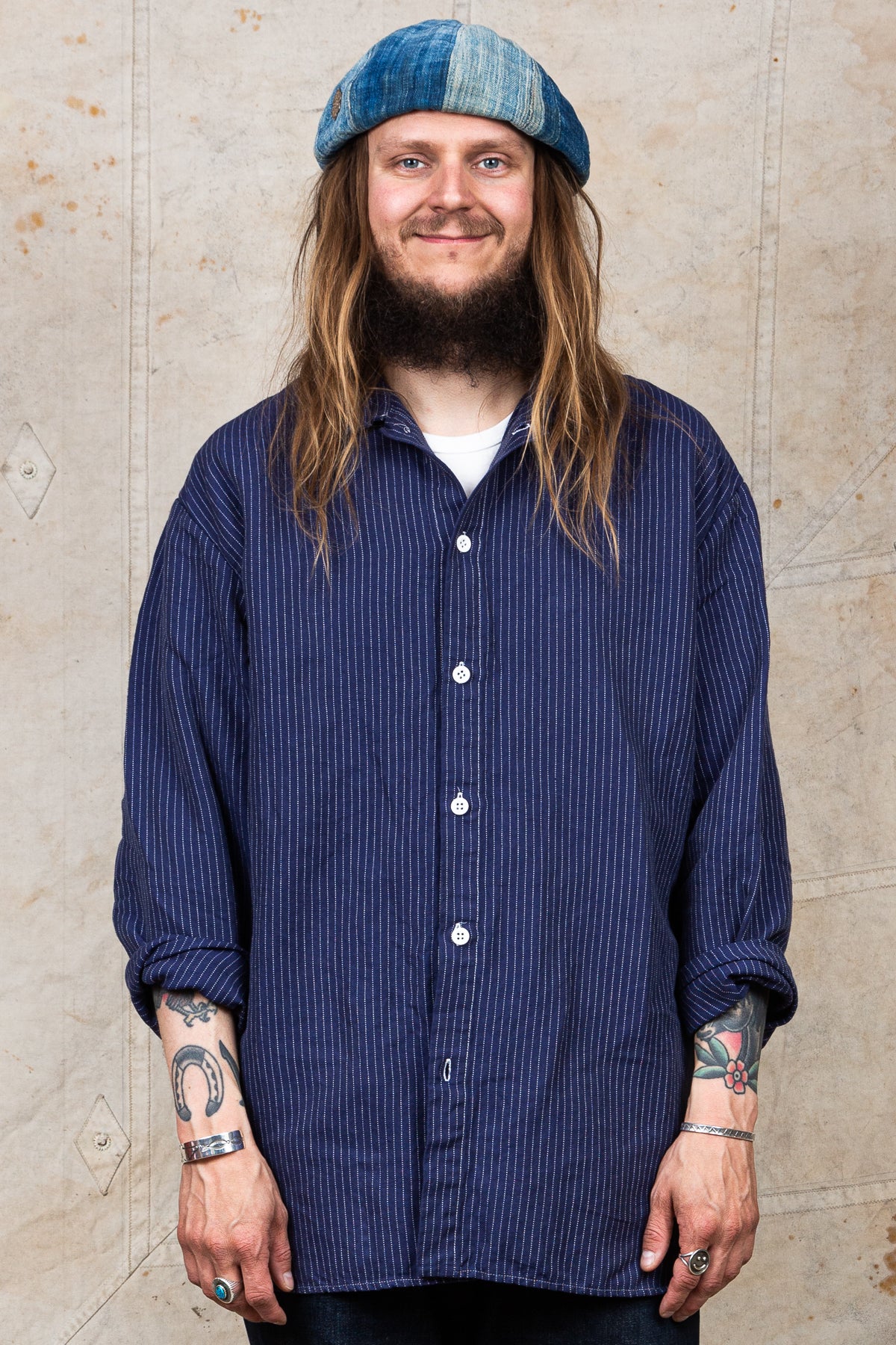 Tender Weaver's Stock Long Sleeved Tail Shirt Navy Pin Stripe