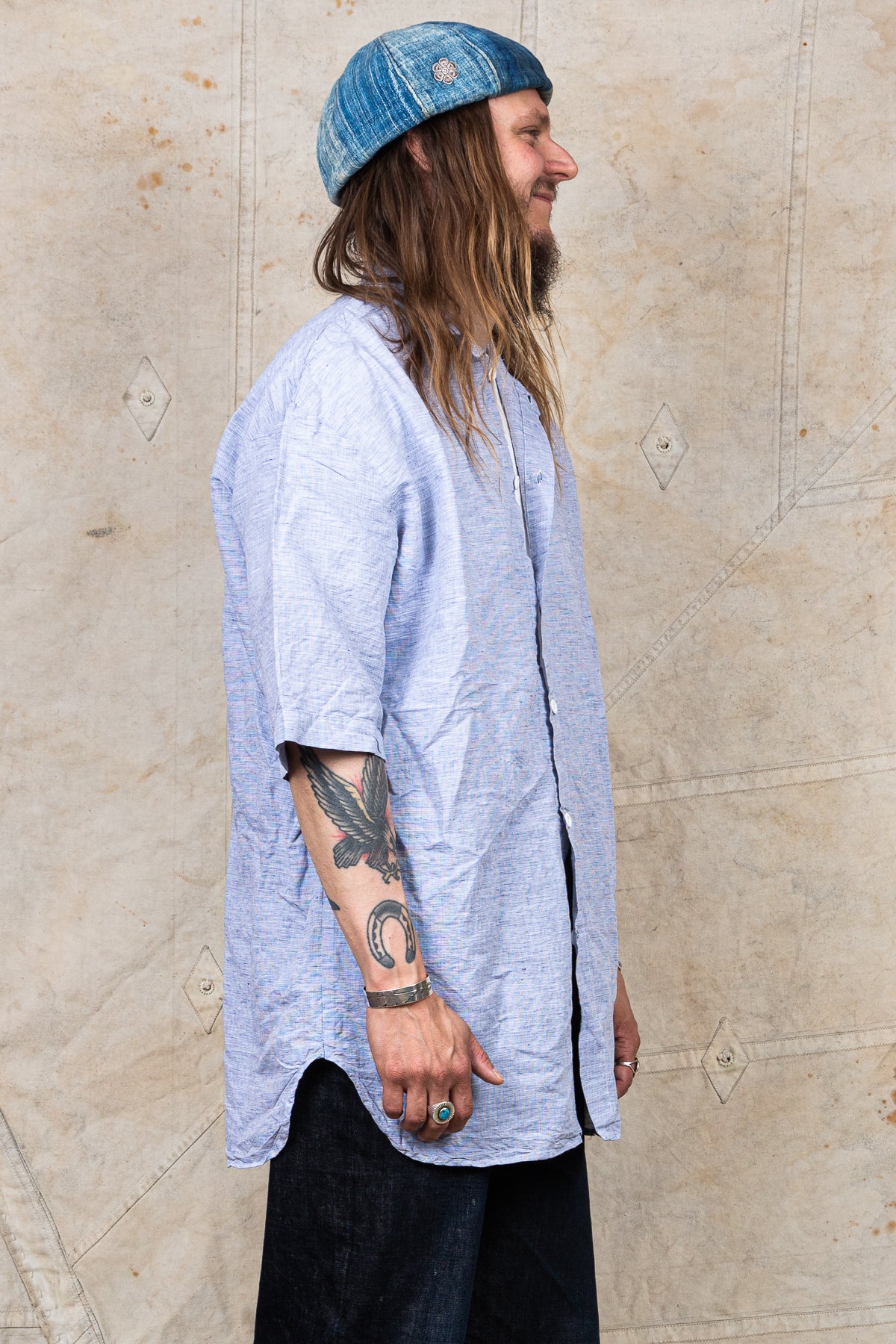 Tender Weaver's Stock Short Sleeved Tail Shirt Blue Hatch