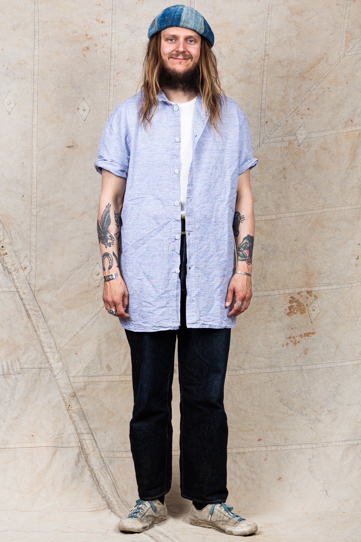Tender Weaver's Stock Short Sleeved Tail Shirt Blue Hatch