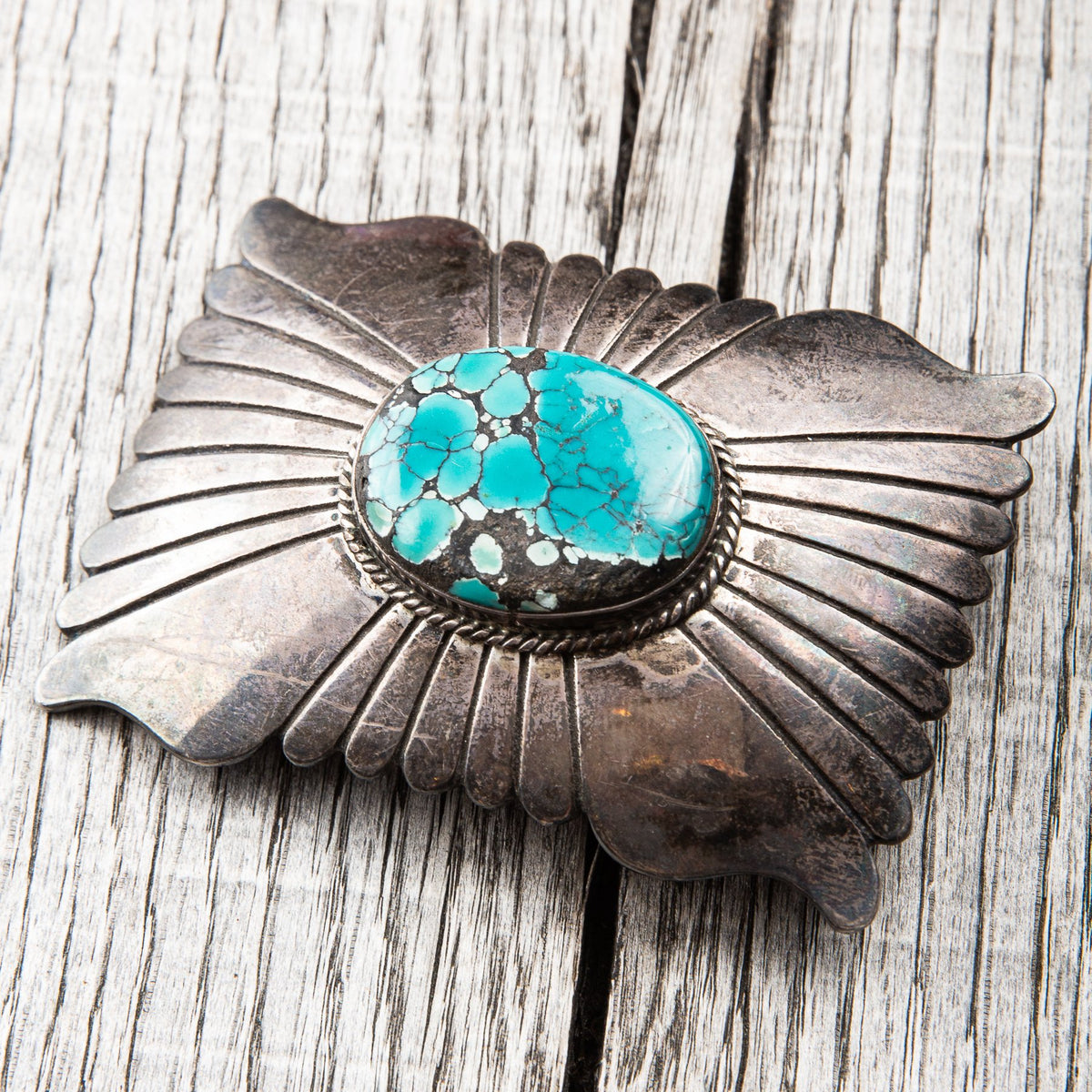 Vintage Navajo Sunburst Silver & Turquoise Belt Buckle