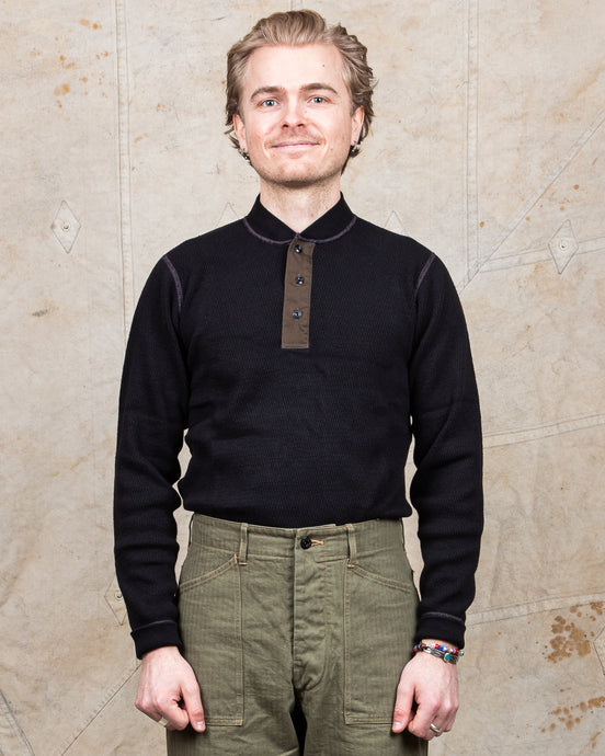 Buzz Rickson Long Sleeve Thermal Henley Shirt Black