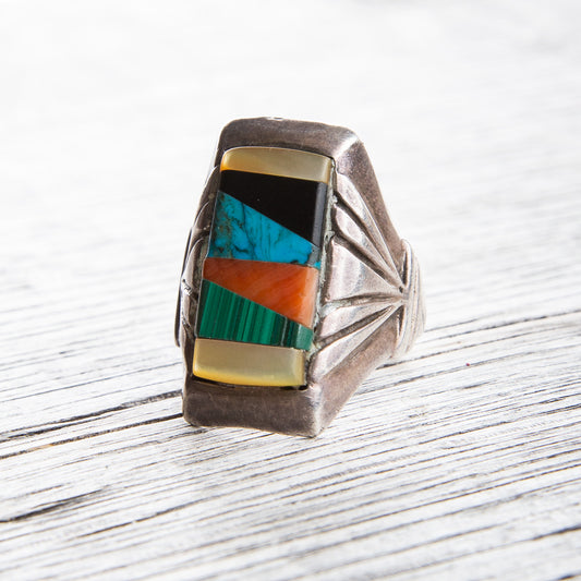 Vintage Zuni Inlaid Turquoise Silver Ring