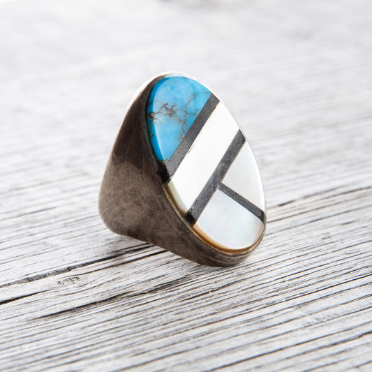Vintage Zuni Inlaid Turquoise Oval Silver Ring No. 1