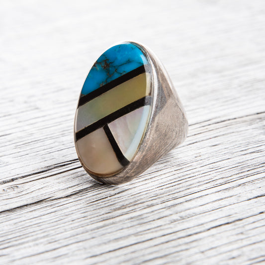 Vintage Zuni Inlaid Turquoise Oval Silver Ring No. 1