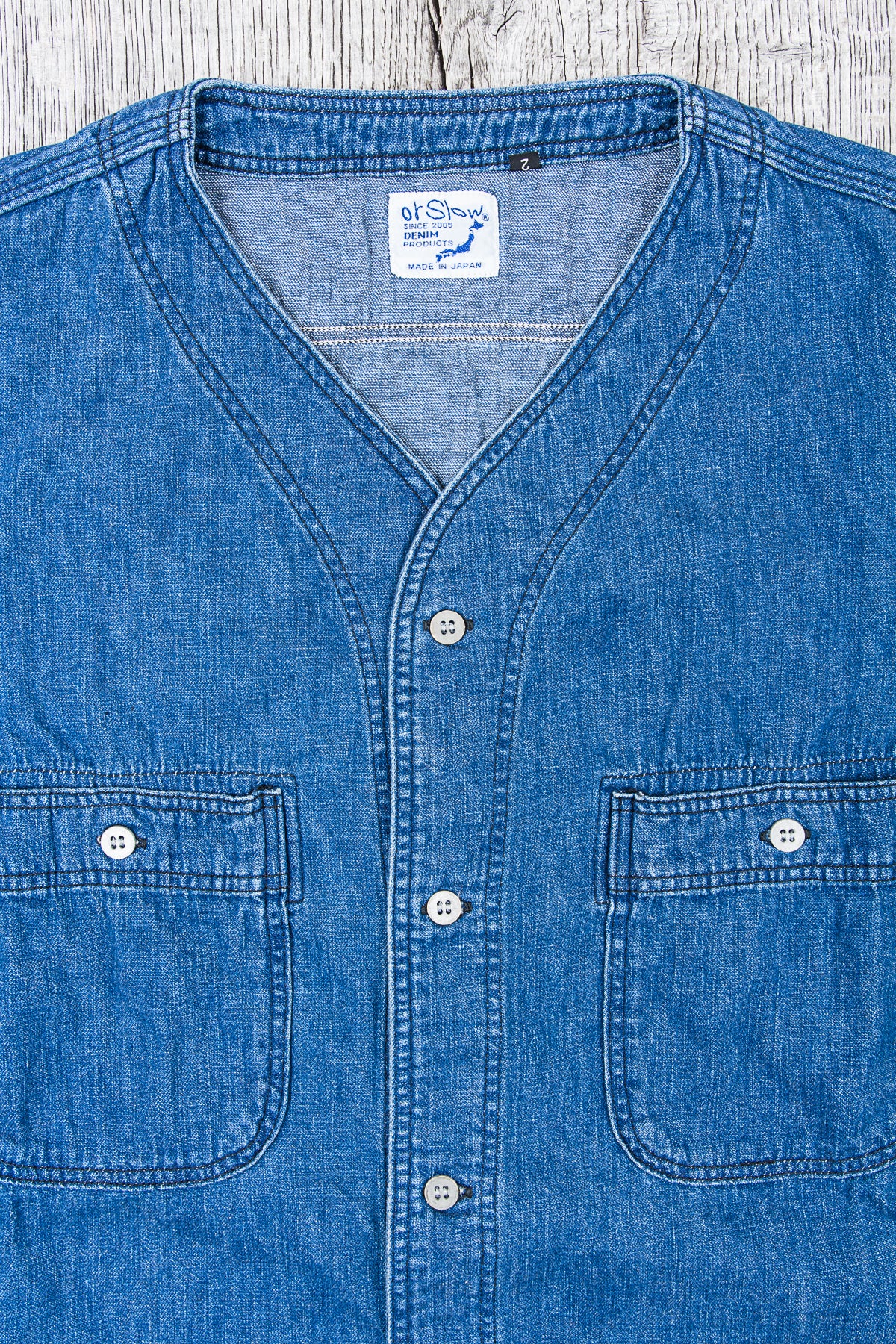 OrSlow No Collar 3/4 Sleeve Denim Shirt