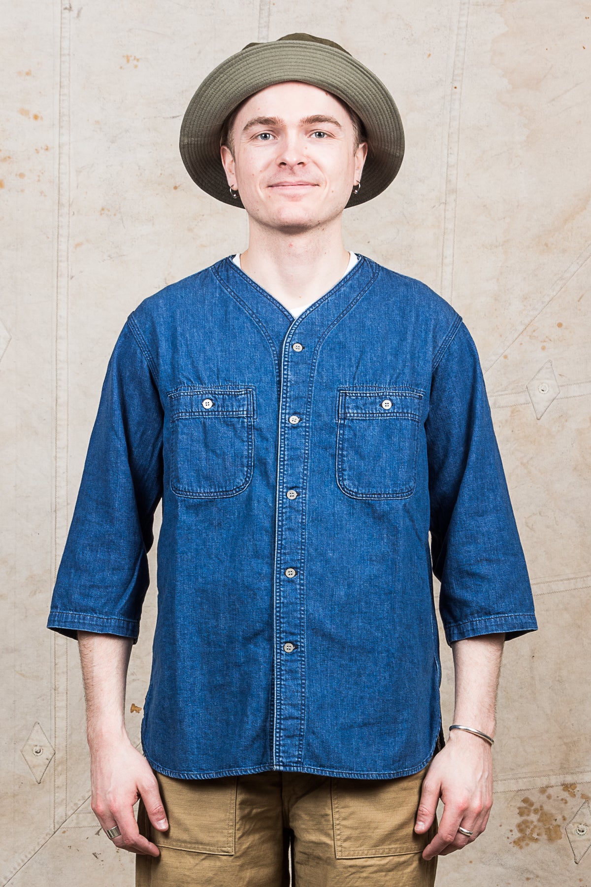 OrSlow No Collar 3/4 Sleeve Denim Shirt