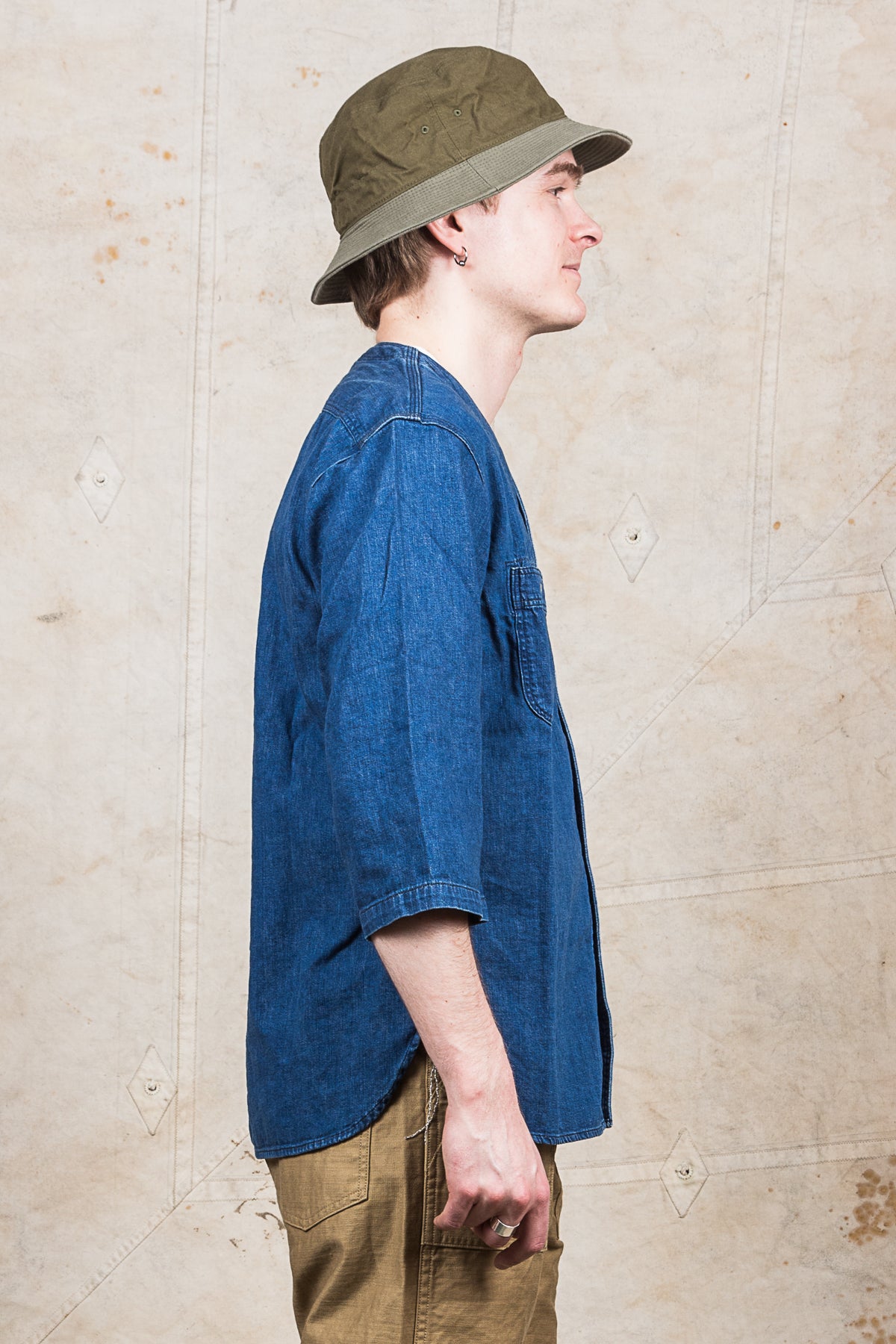 OrSlow No Collar 3/4 Sleeve Denim Shirt