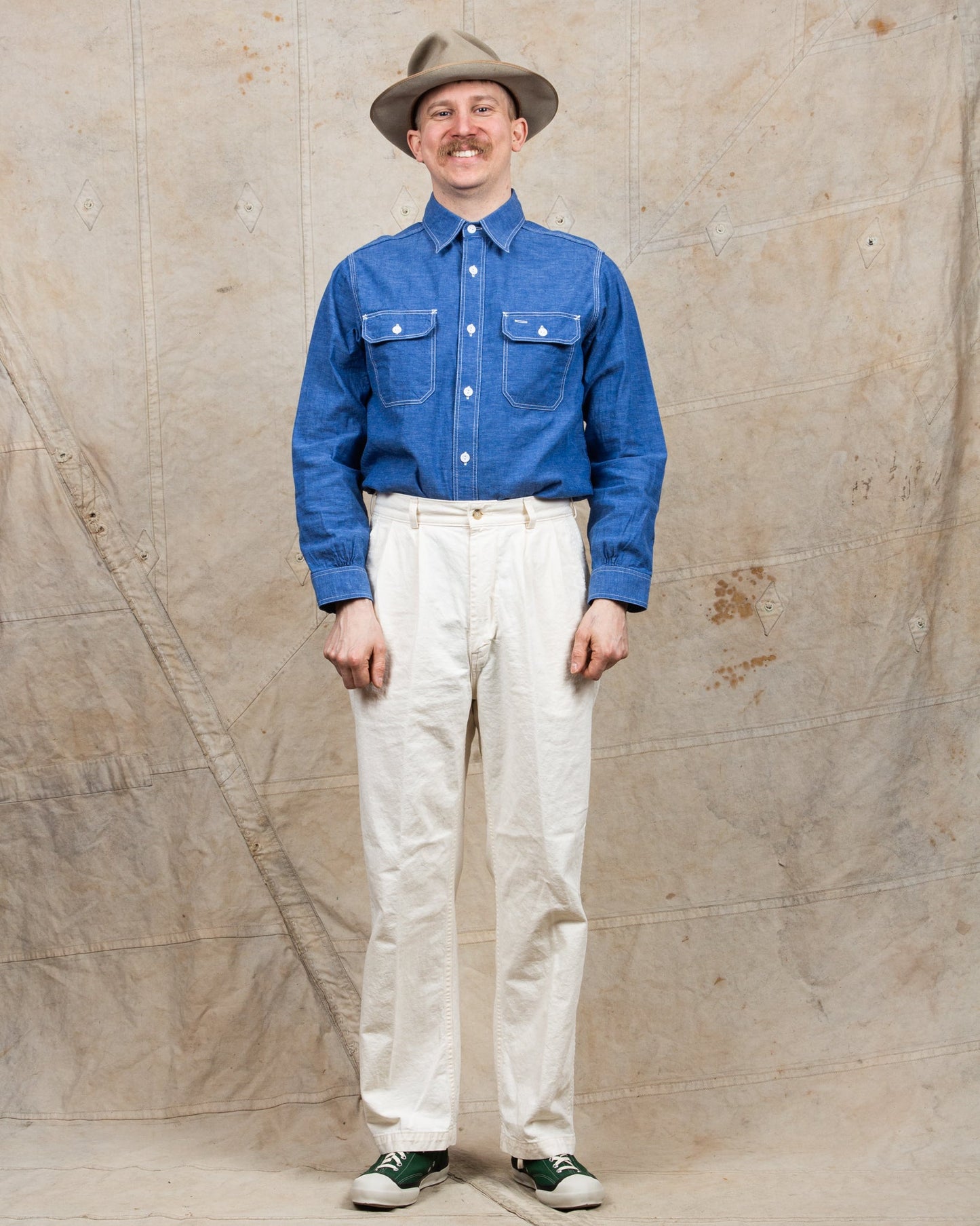 OrSlow Two Tuck Kinari Denim Wide Pants Ecru