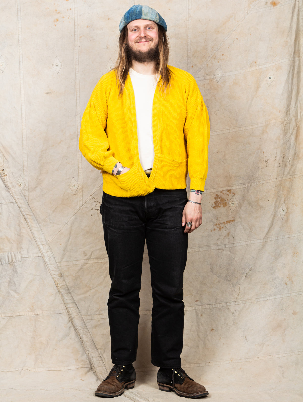 Tender Type 740 Bucket Pocket Rib Shoulder Cardigan Turmeric Dyed