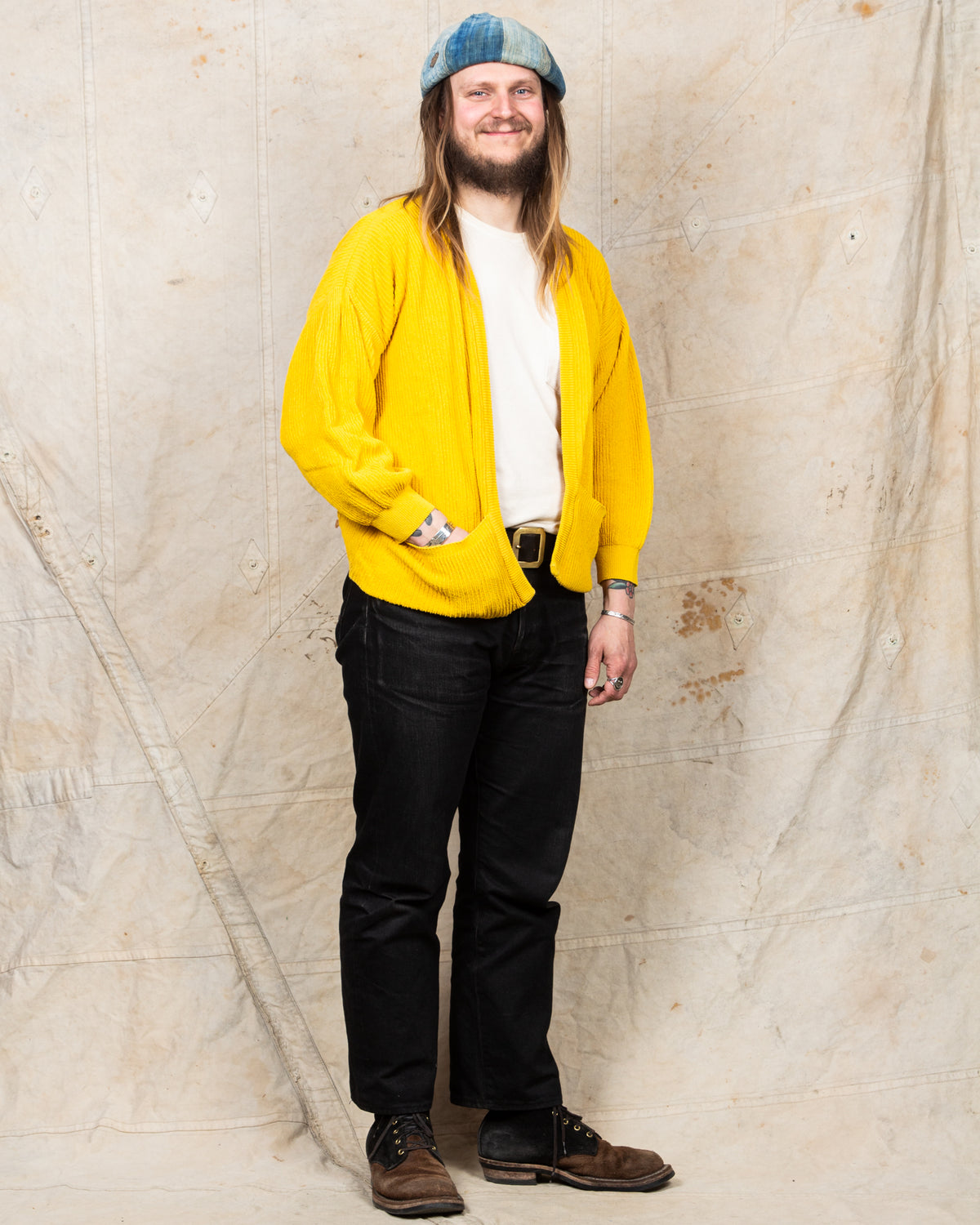 Tender Type 740 Bucket Pocket Rib Shoulder Cardigan Turmeric Dyed