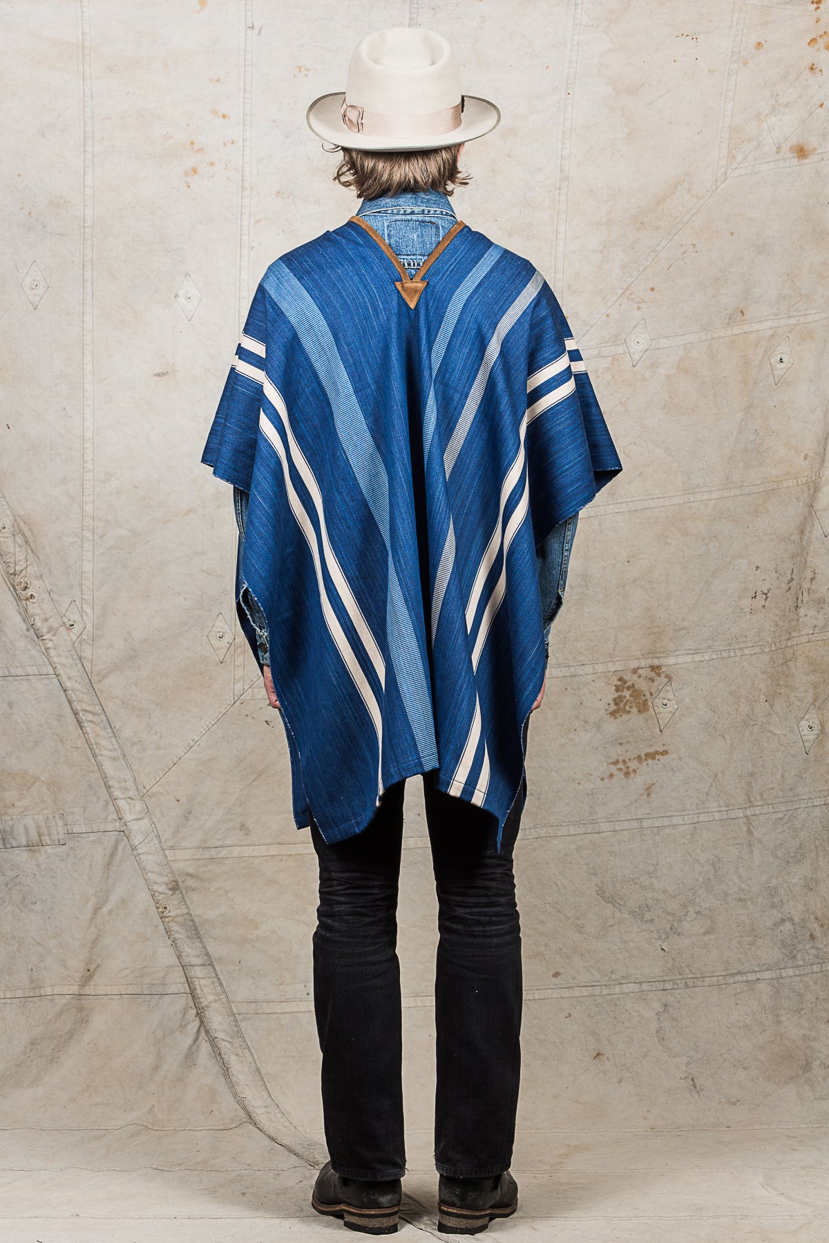 Indigofera Poncho Japanese Cotton / Wool Indigo / White Stripe