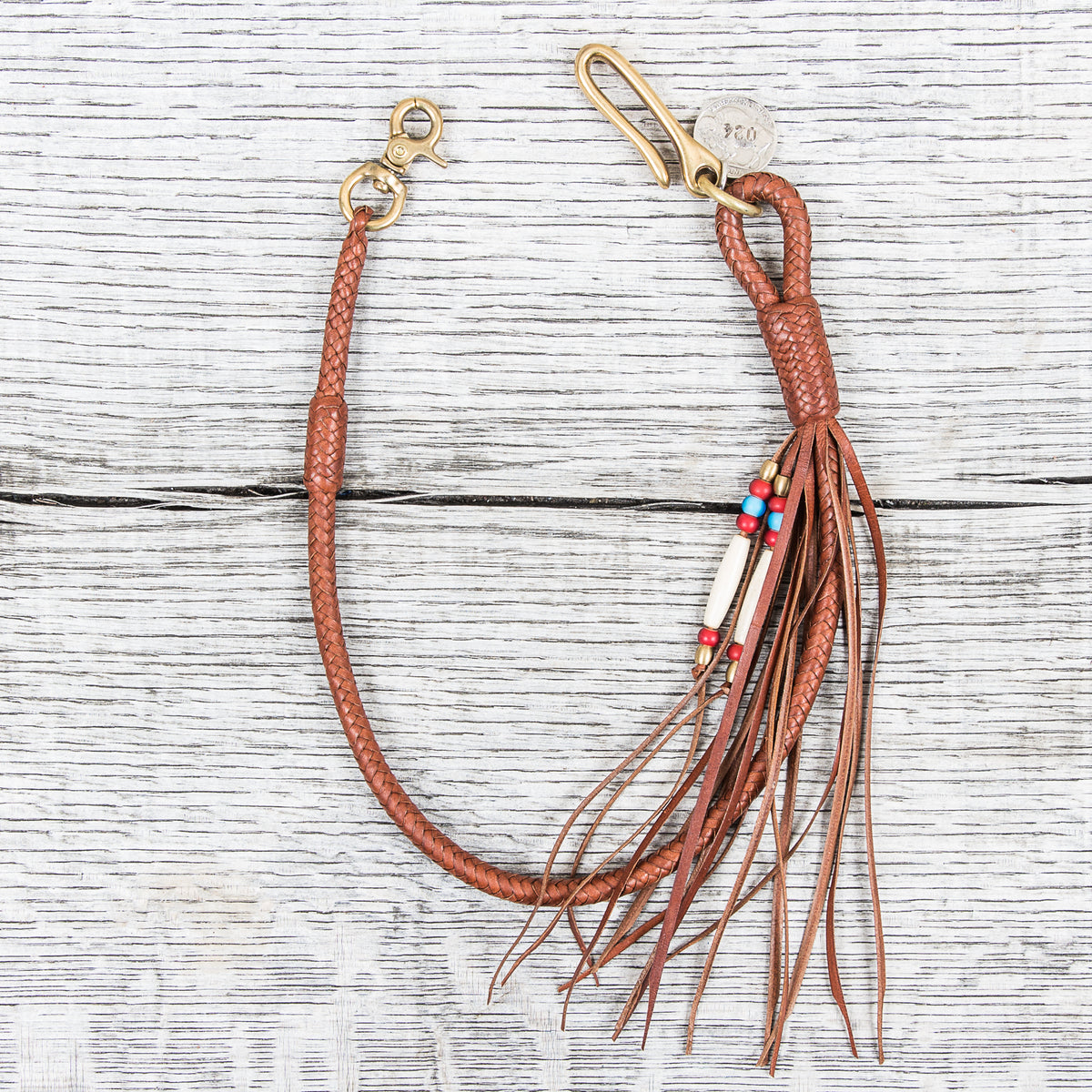 Lone Wolf Leathers Braided Wallet Leash Brass Fish Hook Saddle Tan