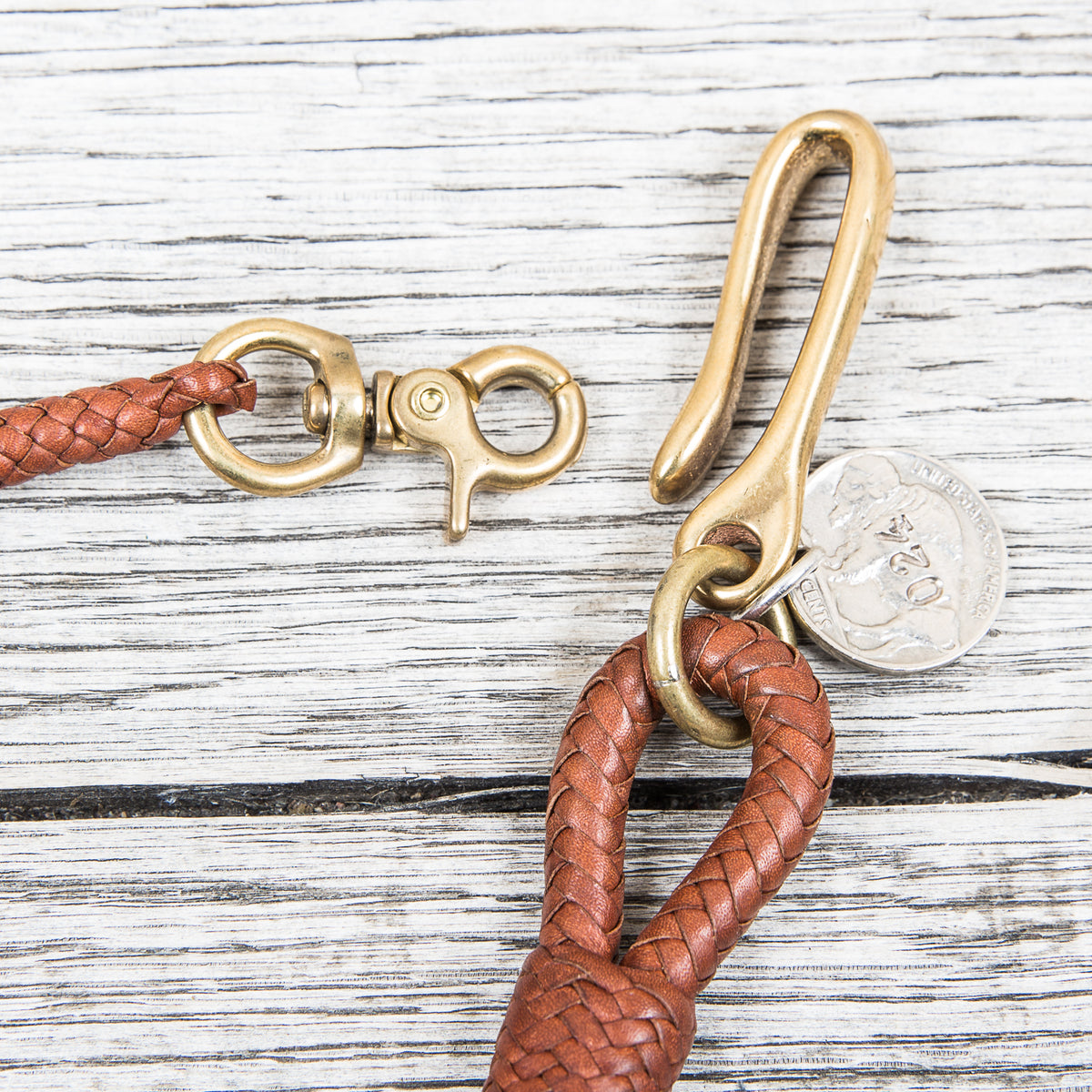 Lone Wolf Leathers Braided Wallet Leash Brass Fish Hook Saddle Tan