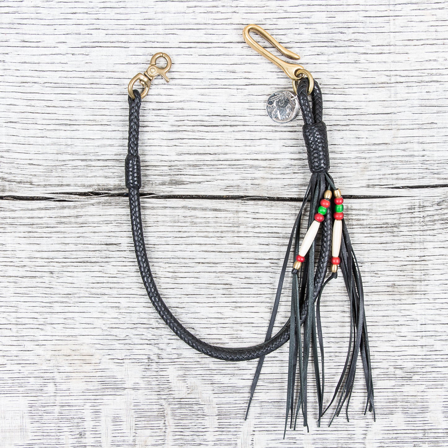 Lone Wolf Leathers Braided Wallet Leash Brass Fish Hook Black