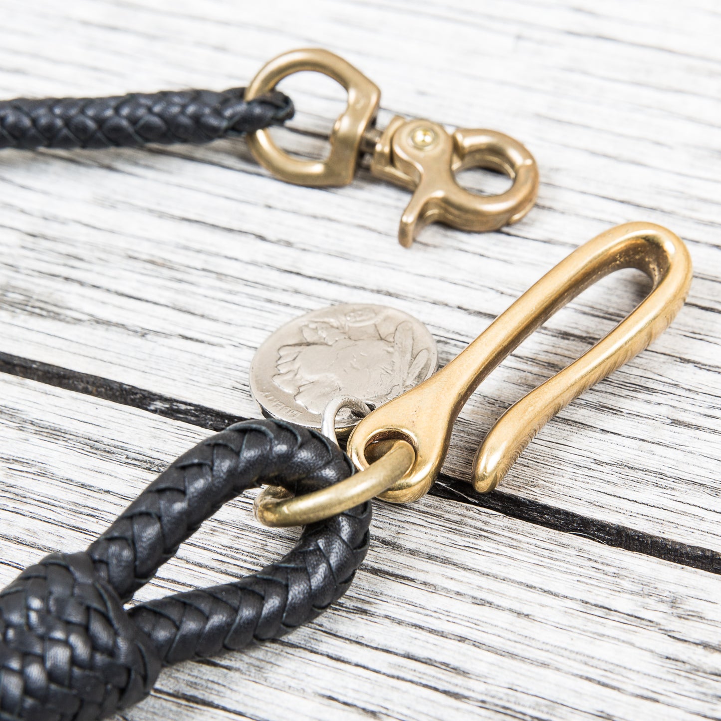 Lone Wolf Leathers Braided Wallet Leash Brass Fish Hook Black