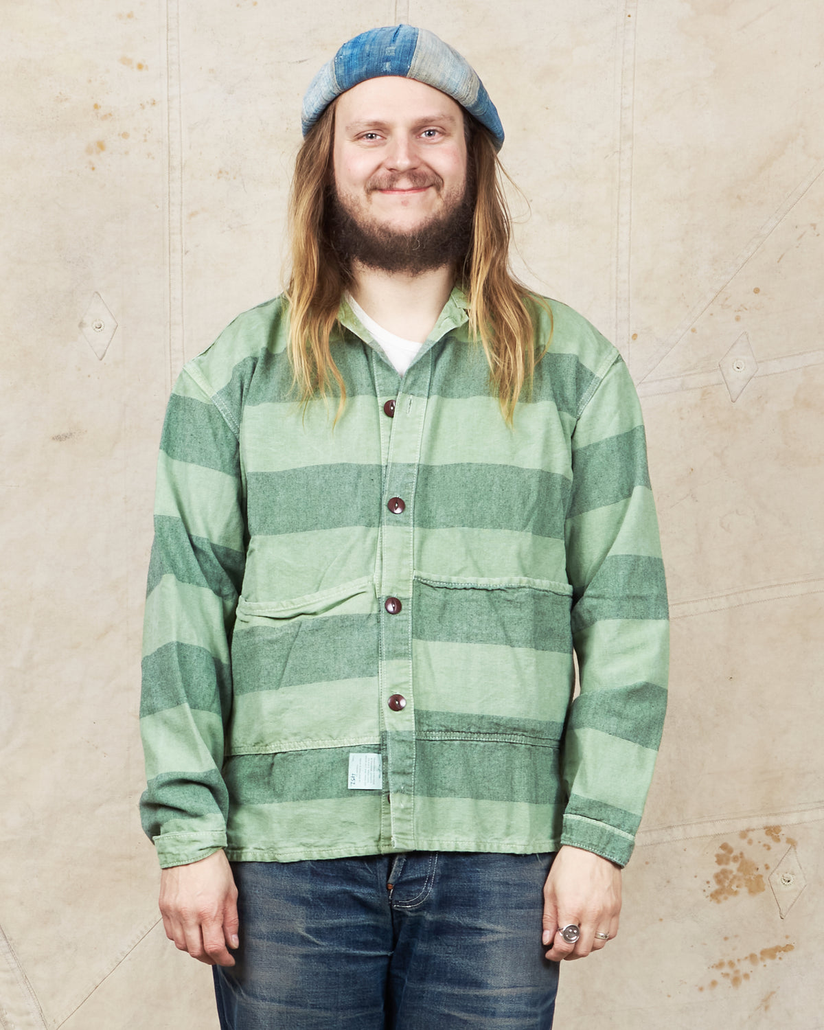 Tender 452 Bridge Pocket Square Tail Shirt Chlorophyll Dyed Indigo Cotton Belisha Stripe