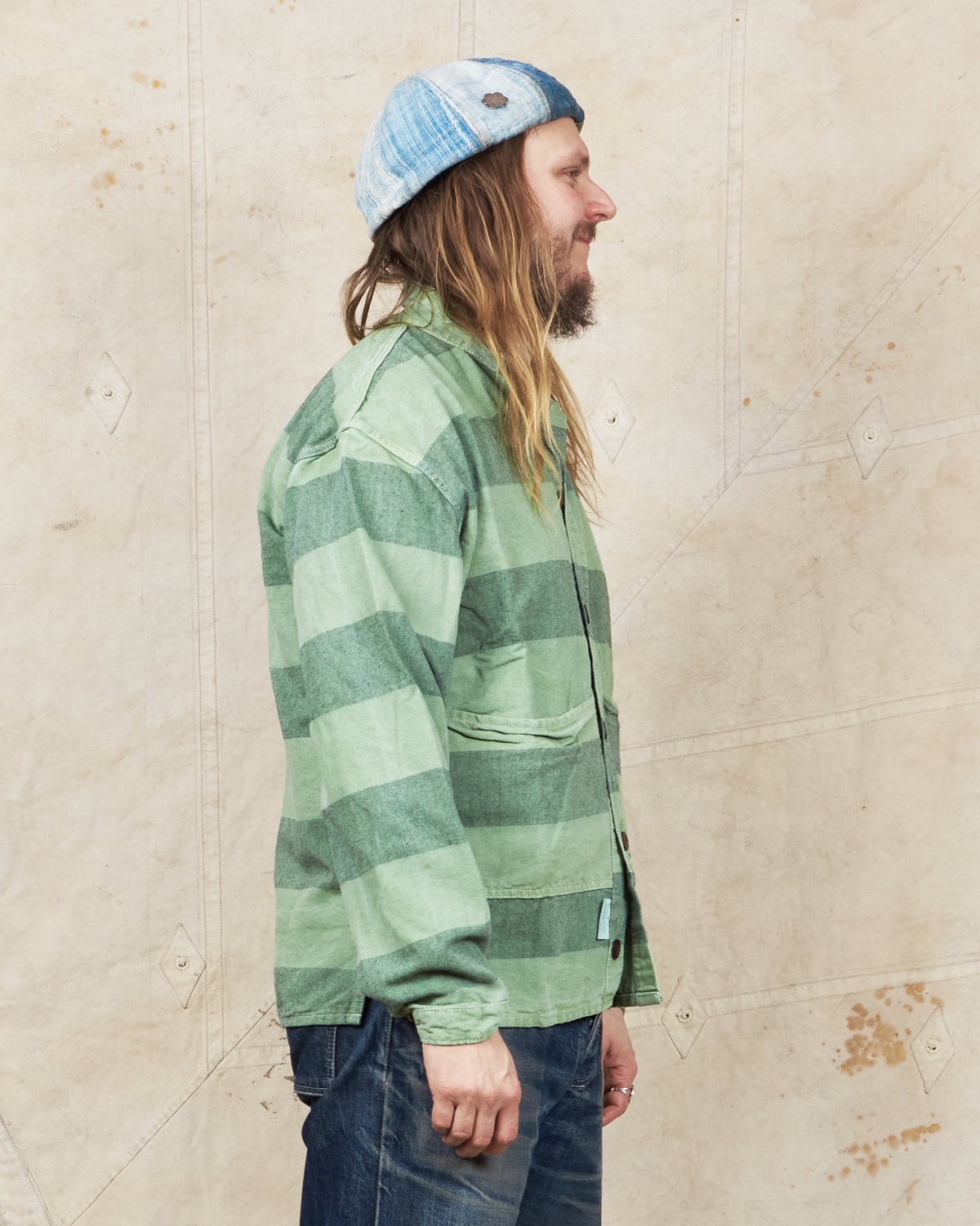 Tender 452 Bridge Pocket Square Tail Shirt Chlorophyll Dyed Indigo Cotton Belisha Stripe