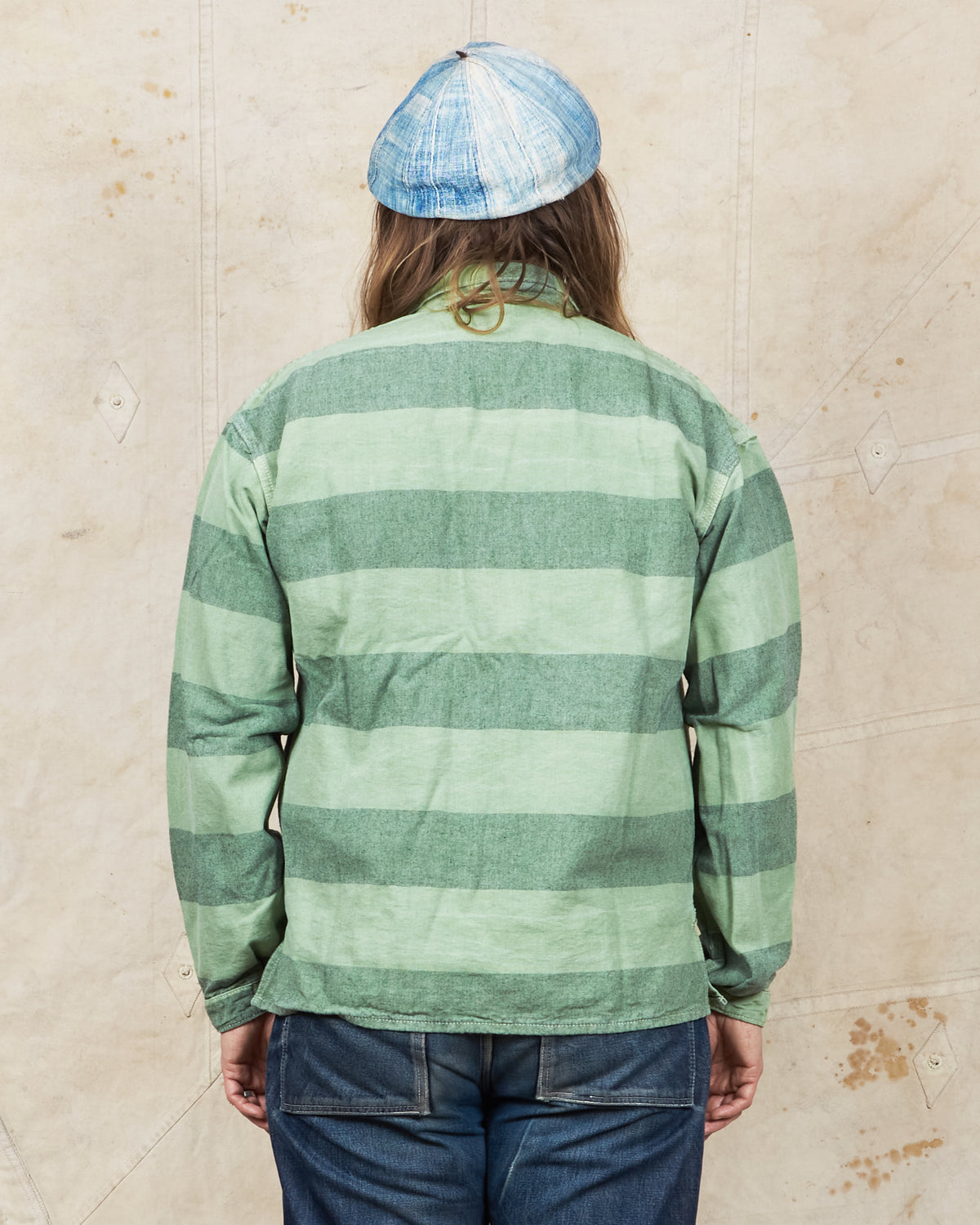 Tender 452 Bridge Pocket Square Tail Shirt Chlorophyll Dyed Indigo Cotton Belisha Stripe