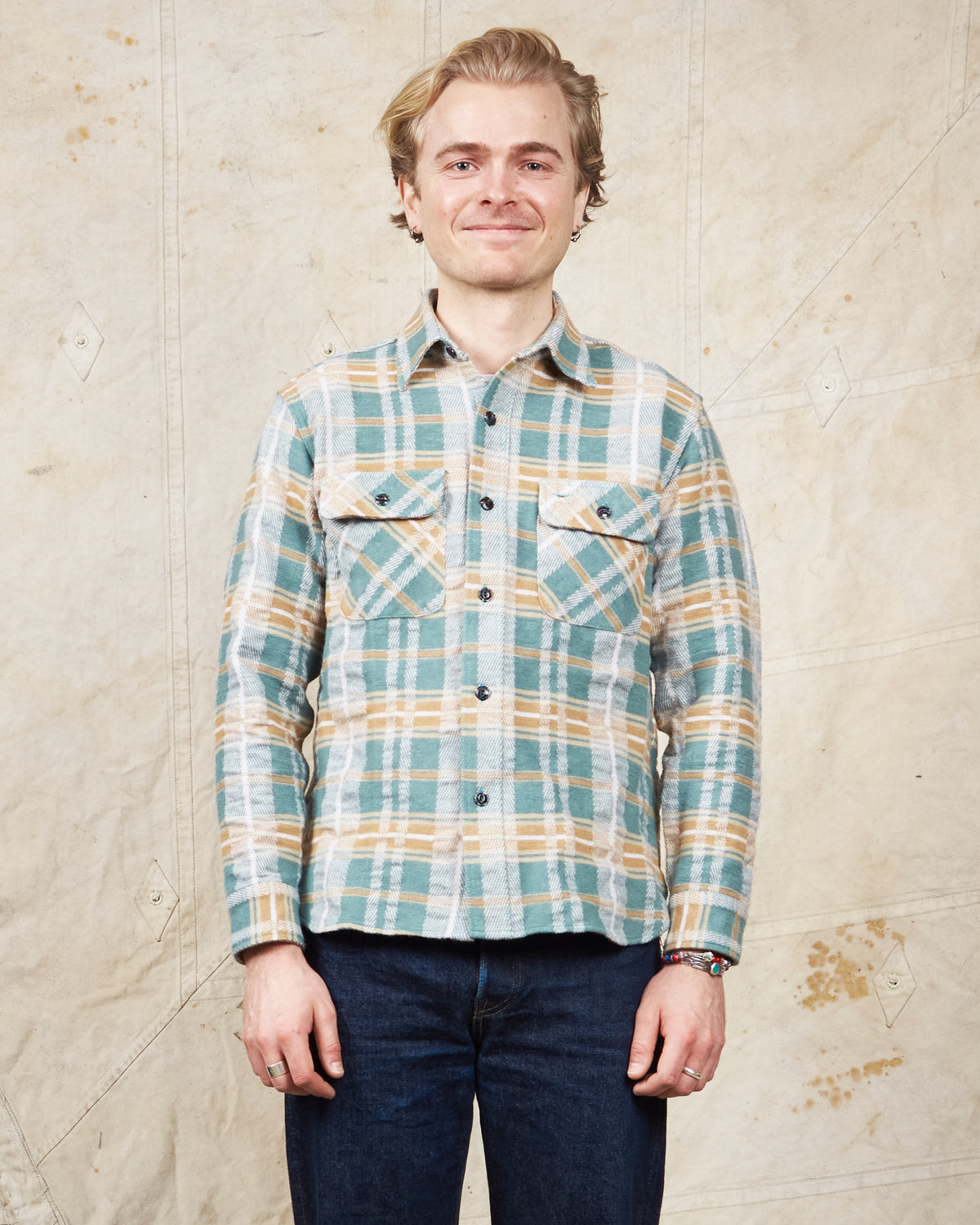 Sugar Cane & Co Fancy Twill Double Weave Flannel Shirt Green
