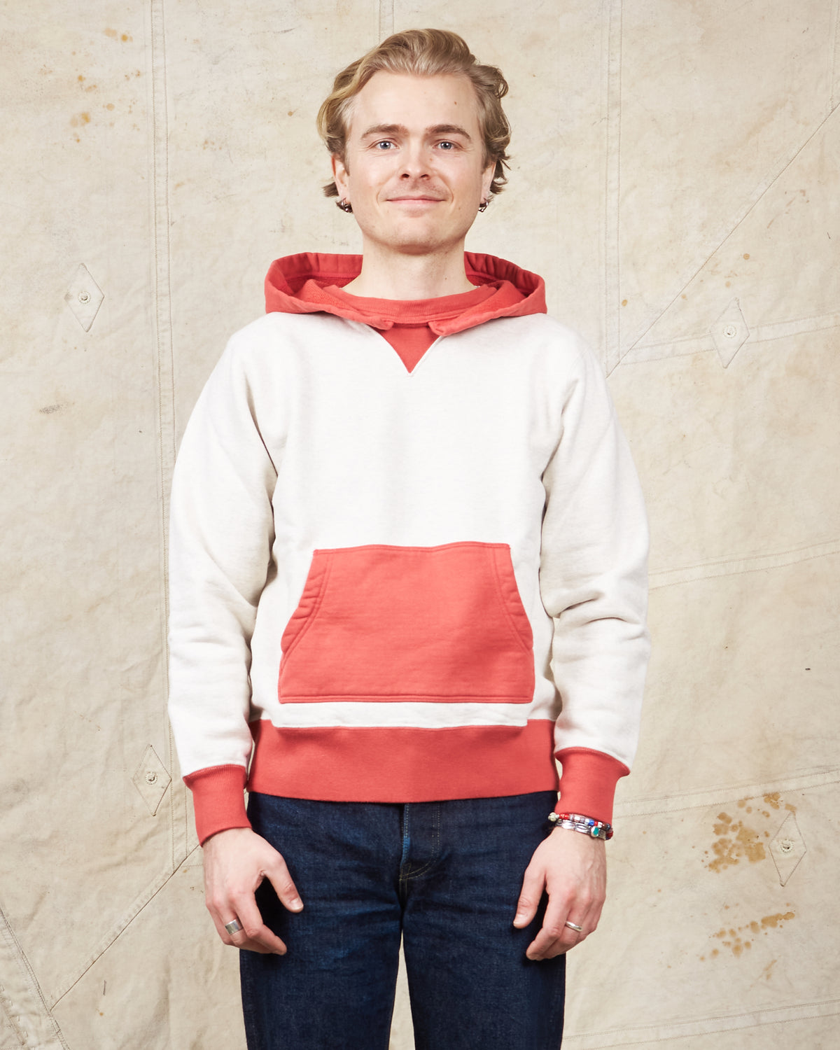 Whitesville Two Tone Attatched Hood Parka Oatmeal / Red
