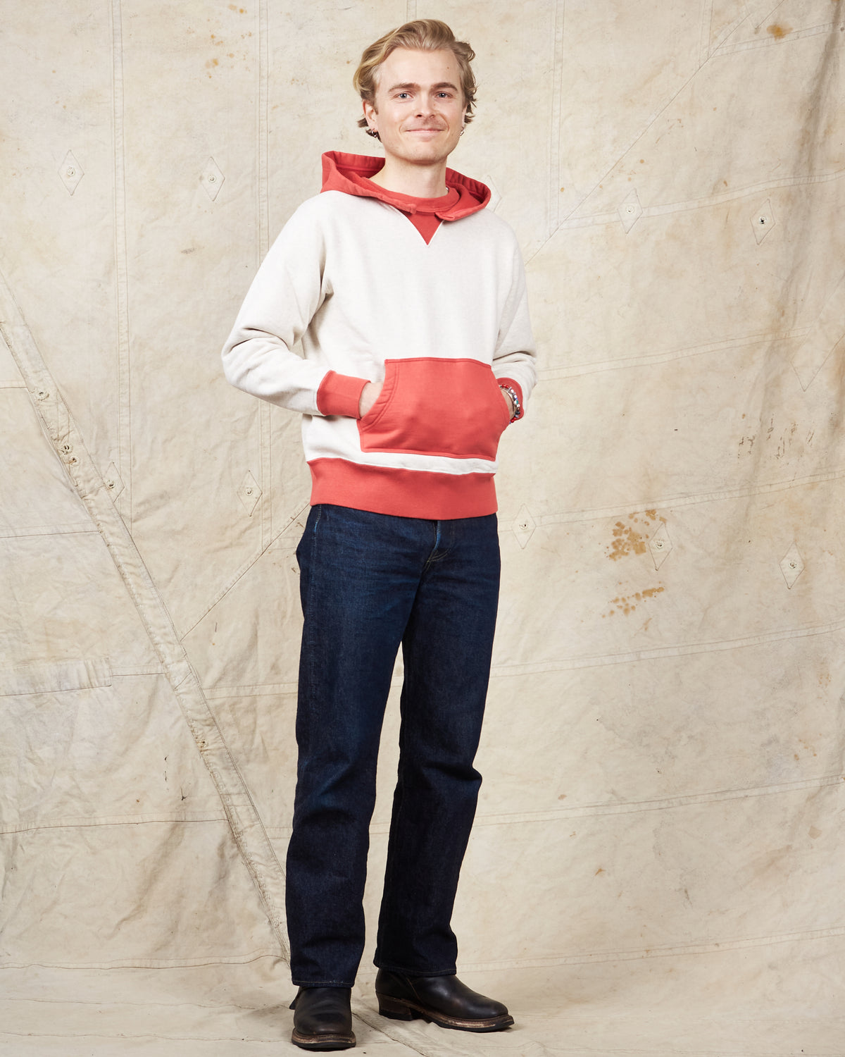 Whitesville Two Tone Attatched Hood Parka Oatmeal / Red