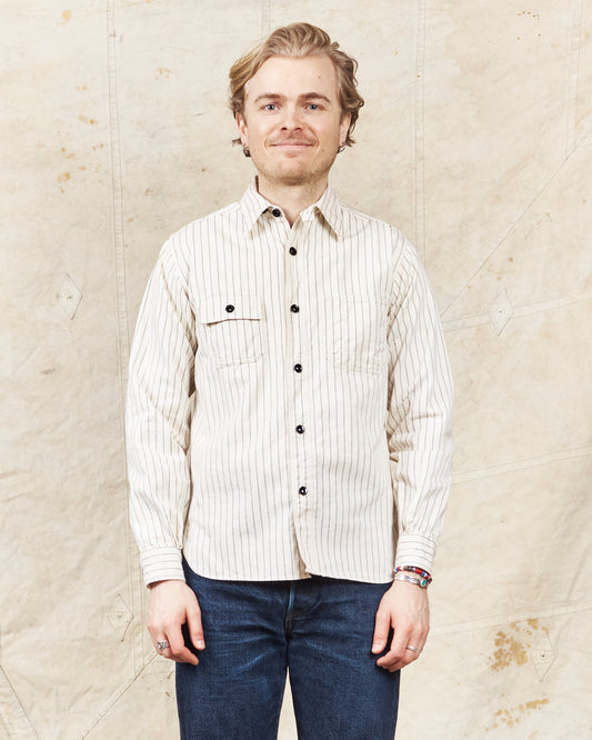 Sugar Cane & Co Fiction Romance 8.5oz. White Wabash Stripe Work Shirt SC27076